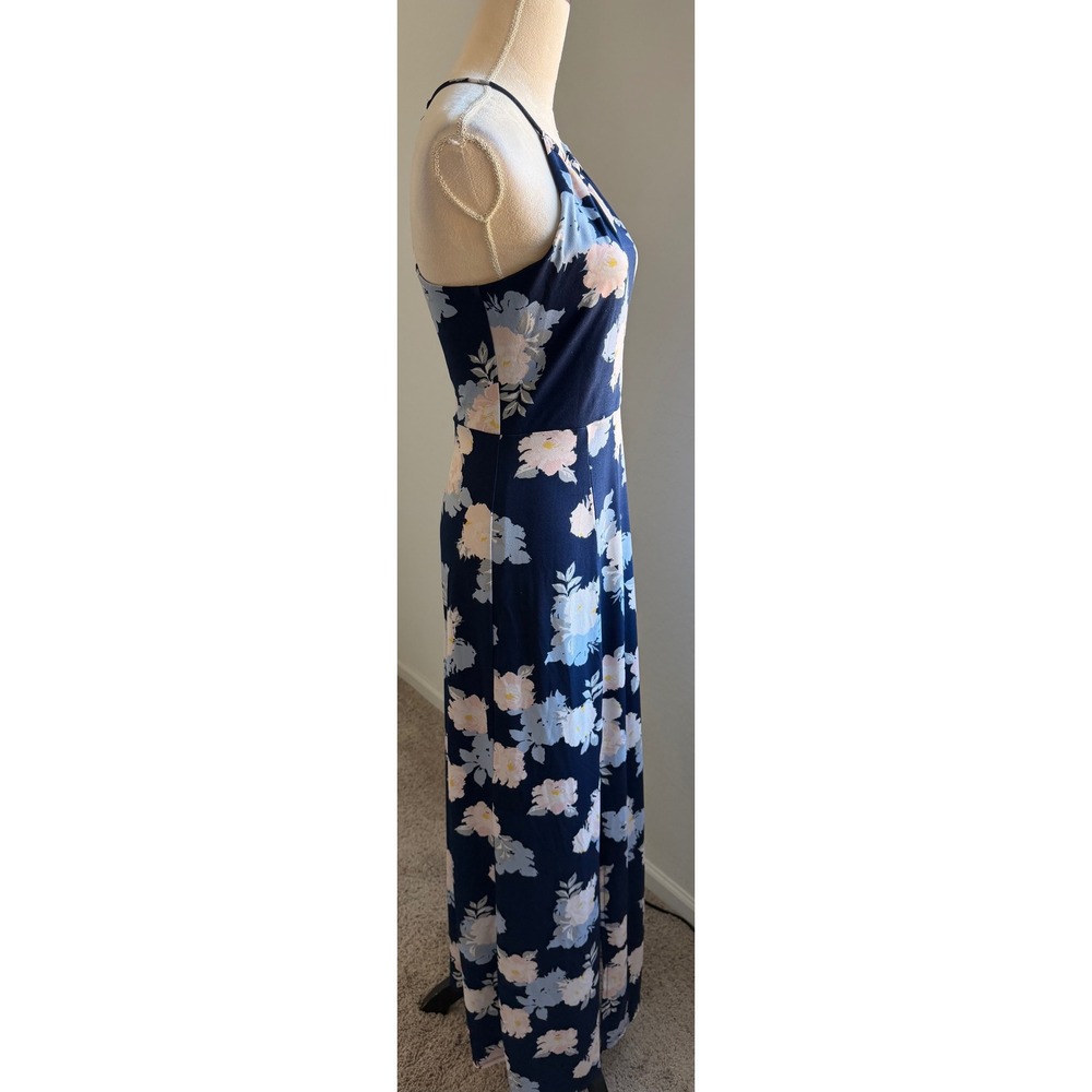 Candies Navy Blue Floral  Halter Keyhole 2 Slit Maxi Dress Medium - Picture 3 of 6